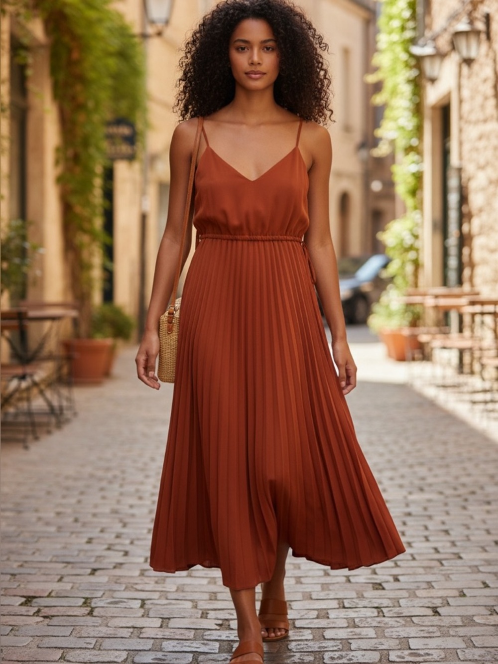 ASOS Rust Pleated Midi Dress US 8 Flowy Spaghetti Strap Kentucky Derby